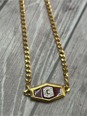 GIVENCHY Vintage 1979 Gold Burgundy & Enamel Rhinestone G Curb Link Necklace